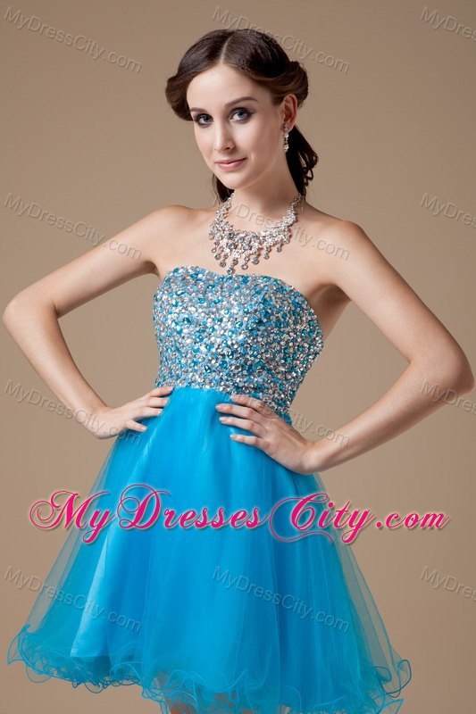 Teal Strapless Short Cocktail Dress Made by Organza and Beading